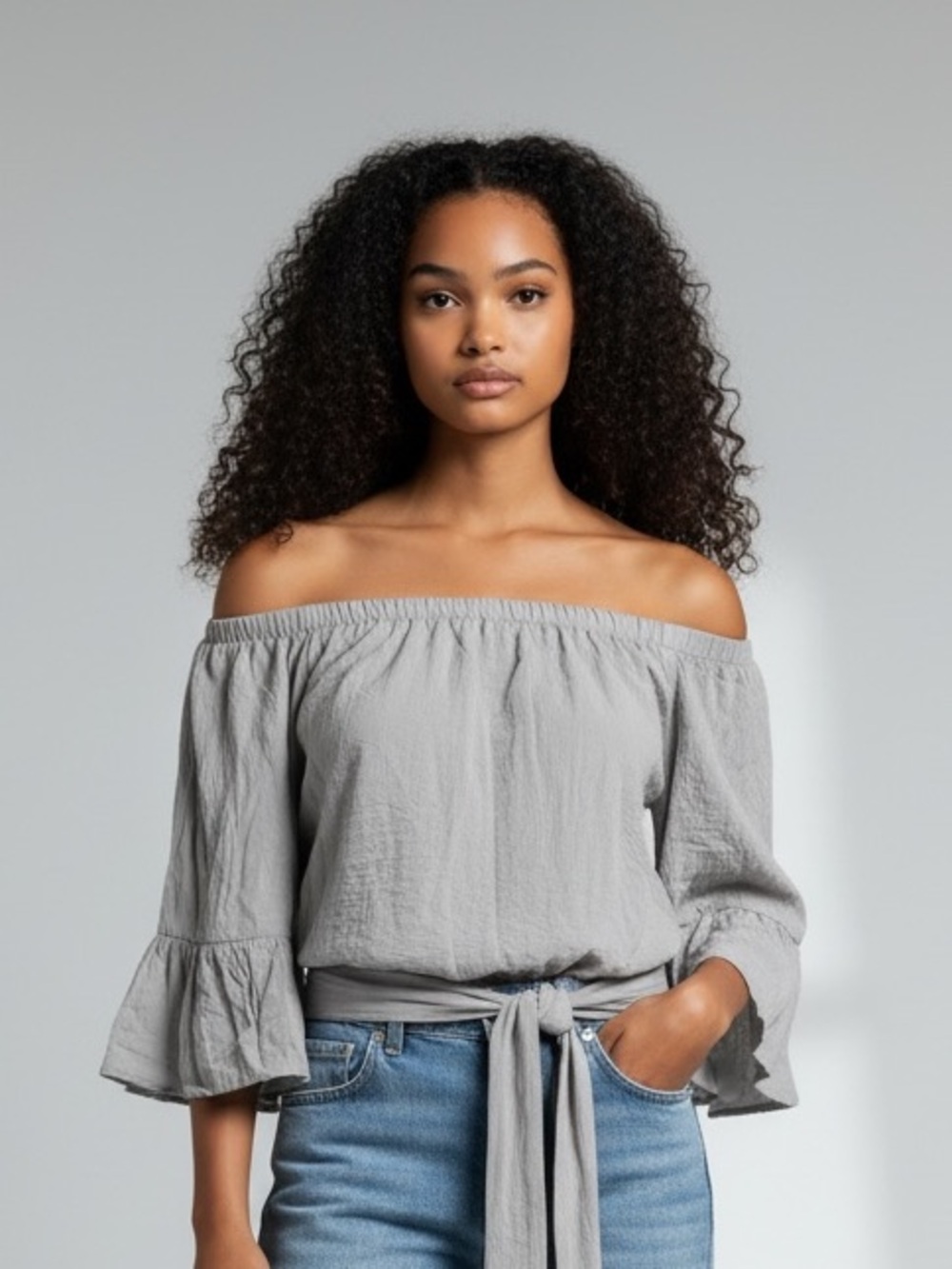 Jen's Pirate Booty Off‑Shoulder Tie‑Front Blouse in Light Gray